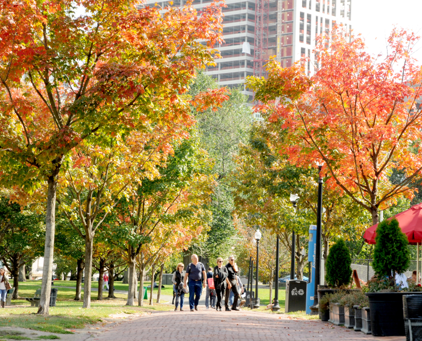 People walking along a brick path flanked by trees with changing leaves and 3D scenes that showcase building information models and emergency transportation routes in Boston, Massachusetts