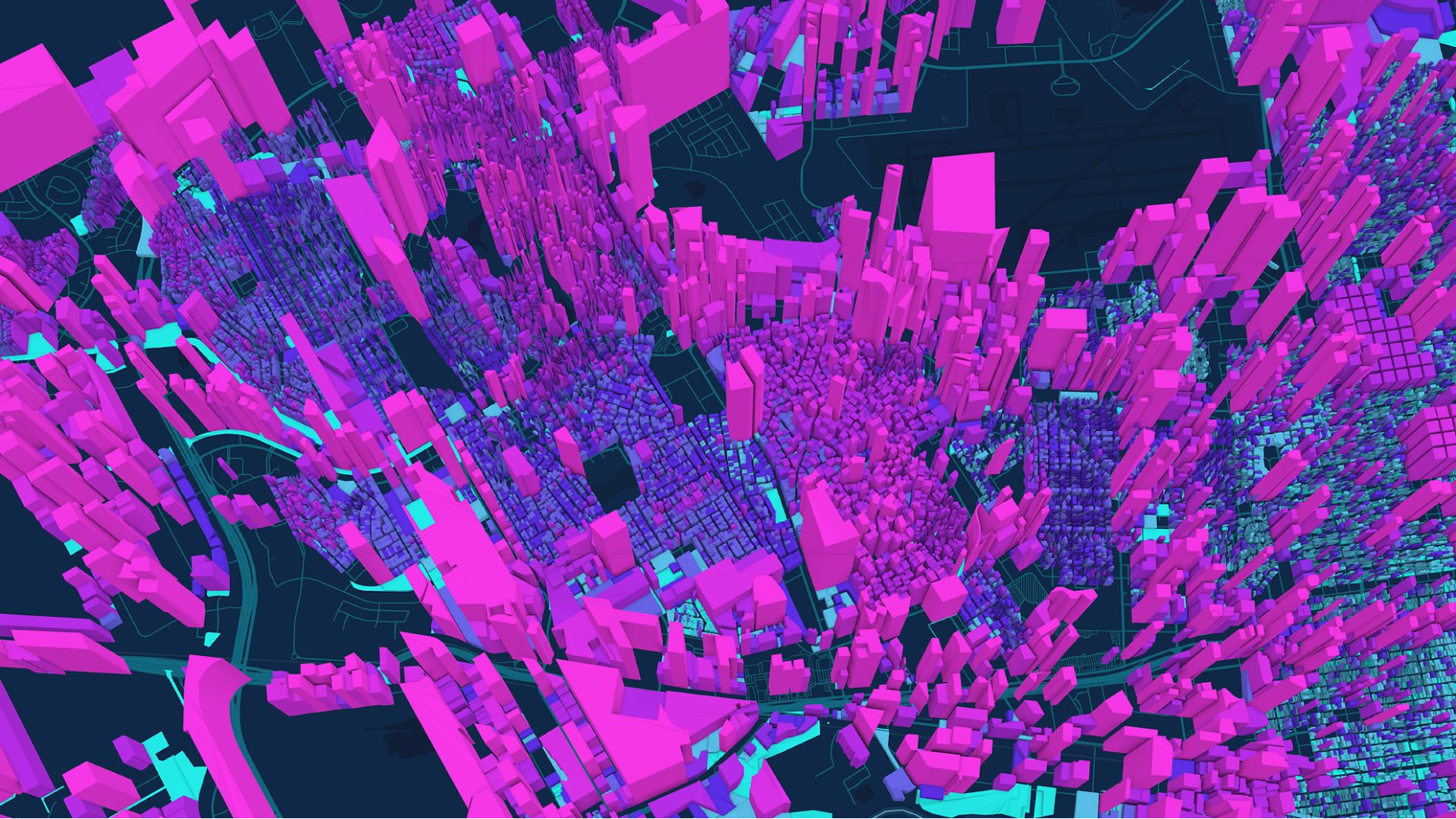 3D image of a city with buildings in purple and blue