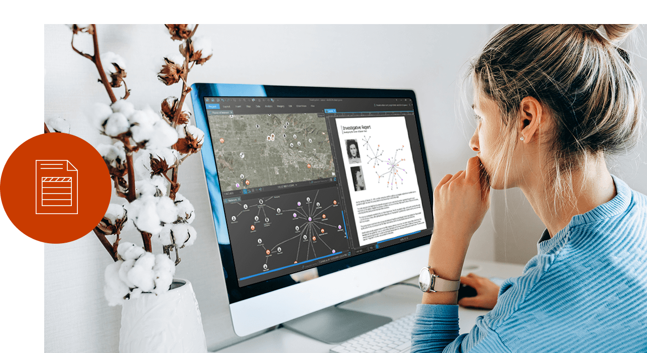 A young woman viewing an investigation report with link analysis and a map on a computer screen