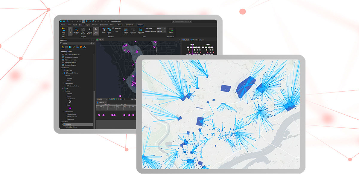 One screen view displaying a dark-themed ArcGIS AllSource interface with purple map points and data panels, overlaid with a view that shows a white map with blue lines and polygons representing network connections