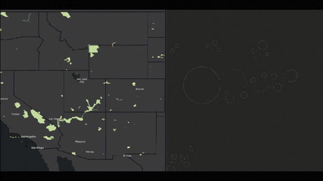 Eine dunkle Karte mit in Gelb hervorgehobenen Flächen, die die Auswahl eines Teils eines Verbindungsdiagramms und Kartenaktualisierungen repräsentieren