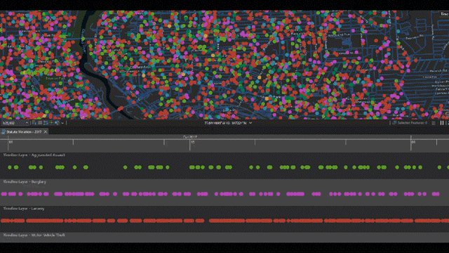 Pontos multicoloridos dispersos em um mapa acima de linhas horizontais verdes e vermelhas que representam a seleção de pontos em um mapa 