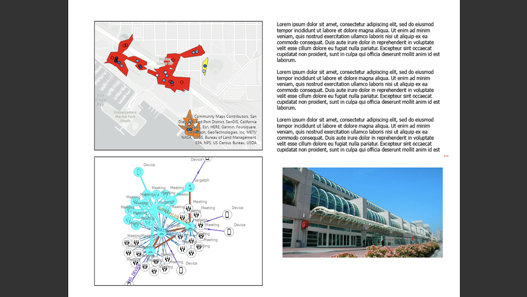 Un informe con texto y un mapa de datos de movimientos en memoria intermedia, un gráfico de enlaces con líneas y puntos conectados, y el exterior de un edificio