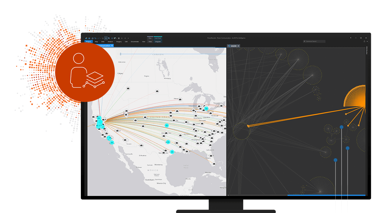 Mapa digital de Estados Unidos con puntos de datos dispersos junto a un gráfico de líneas con líneas que apuntan en muchas direcciones