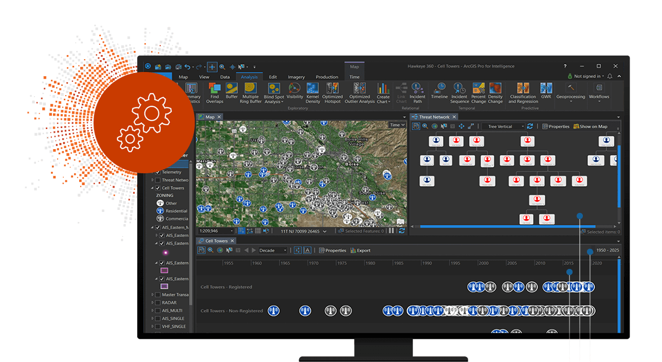 Um monitor de computador mostrando um fluxograma com caixas conectadas por linhas e um mapa topográfico com ícones redondos dispersos