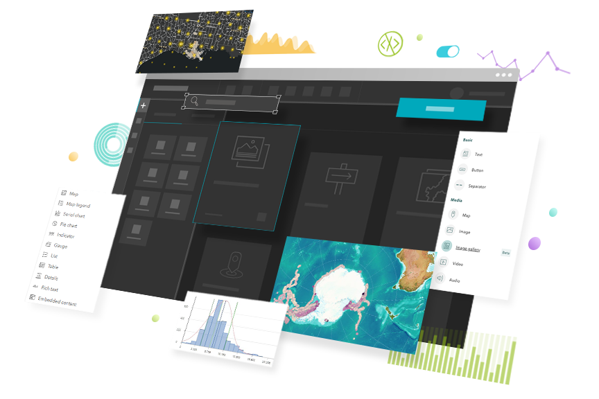 App-Builder-Komponenten wie das Fenster von AppStudio for Desktop, Karten, Diagramme und andere Konfigurationsoptionen.