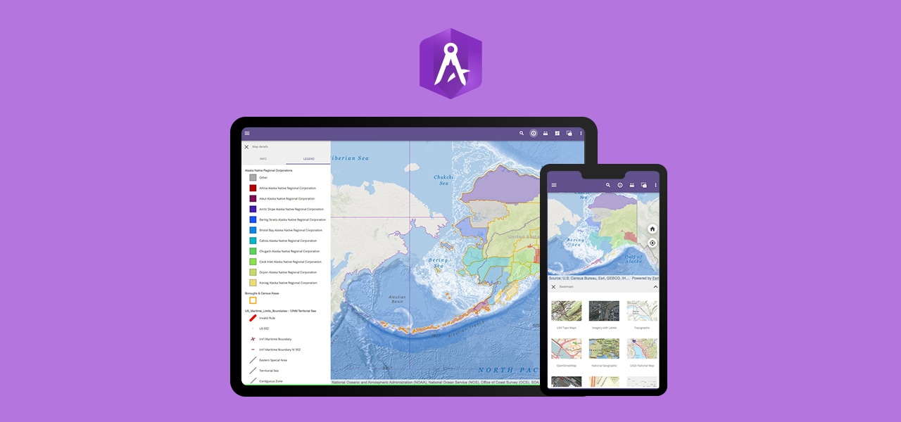 紫の背景に、タブレットおよびモバイル内にあるマップ ビューアー テンプレートを使用して作成された ArcGIS AppStudio ネイティブなモバイル アプリと、AppStudio のロゴ