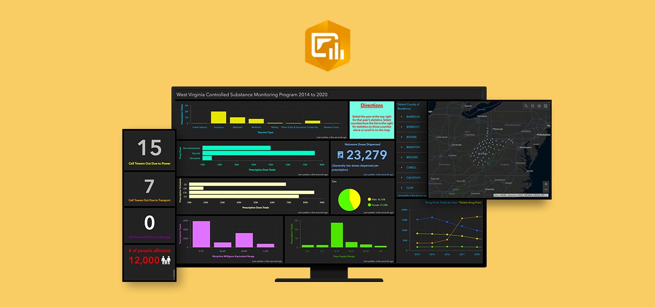 A dashboard built using ArcGIS Dashboards in a desktop monitor and the ArcGIS Dashboards logo against a yellow background