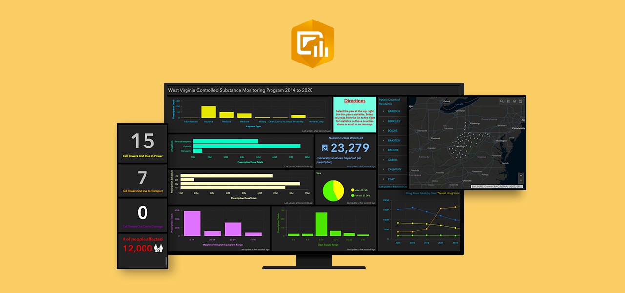 Un cuadro de mandos creado con ArcGIS Dashboards en un monitor de escritorio y el logotipo de ArcGIS Dashboards sobre un fondo amarillo