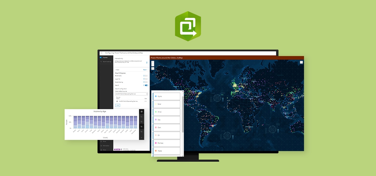An app built using ArcGIS Instant Apps in a desktop monitor against a green background, along with the Instant Apps logo and configuration options