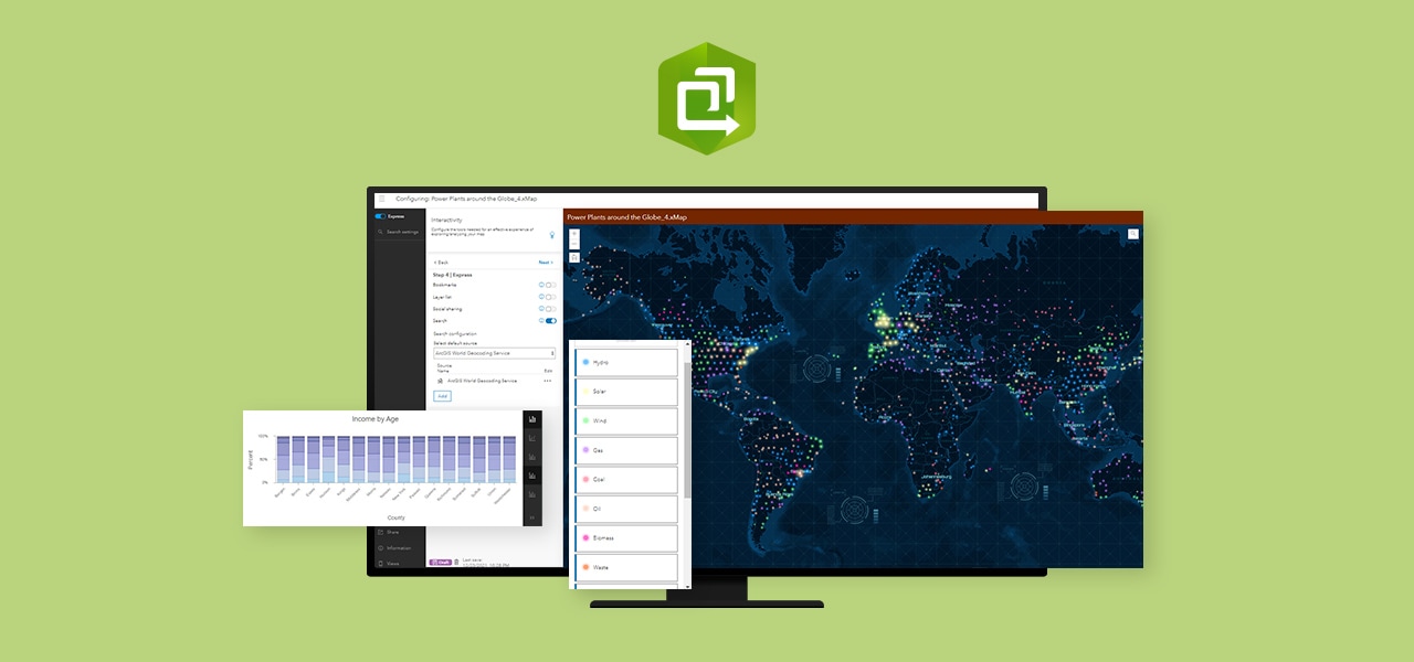 Application créée avec ArcGIS Instant Apps sur un écran d’ordinateur sur un fond vert, avec des options de configuration et le logo Instant Apps