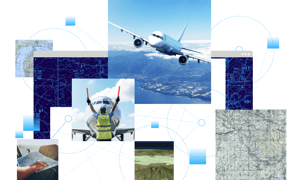 A collage with two photos of airplanes in mid-flight through clear blue skies, three maps in shades of blue, a green contour map, and a photo of a person’s hands holding a paper map