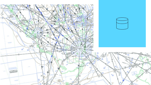 Diagram trasowy z wieloma liniami i punktami danych obok ikony bazy danych