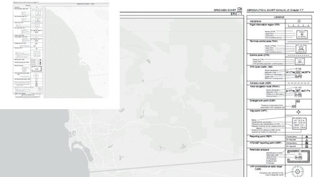 A blank ICAO-style enroute chart template with a map on the left and textual data on the right