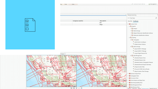 Side-by-side comparison of two charts showing route lines in red and representing changes next to a checklist icon 