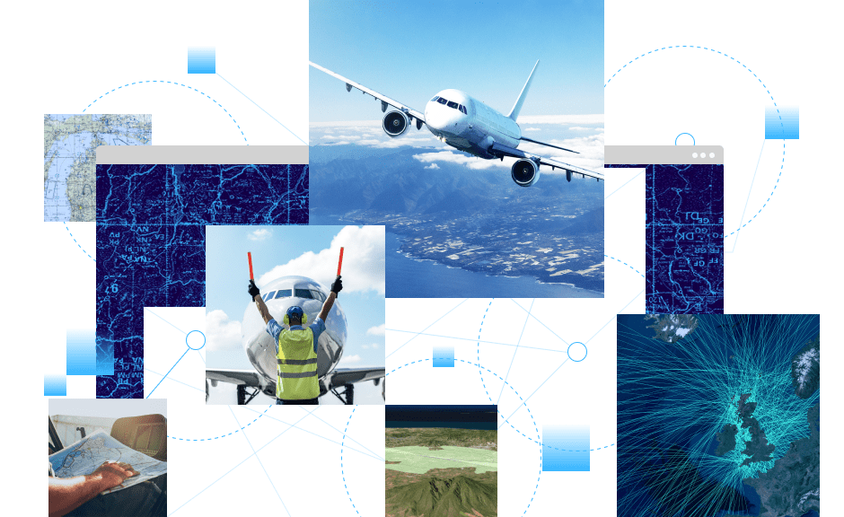Collage of images featuring an  airplane in the air, a a sample navigational chart, and a pilot looking at a paper chart