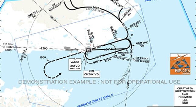 Instrument approach chart showing connected black lines and numerical and textual data