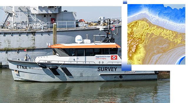 A collage with a small boat floating in front of a larger boat and a bathymetric map