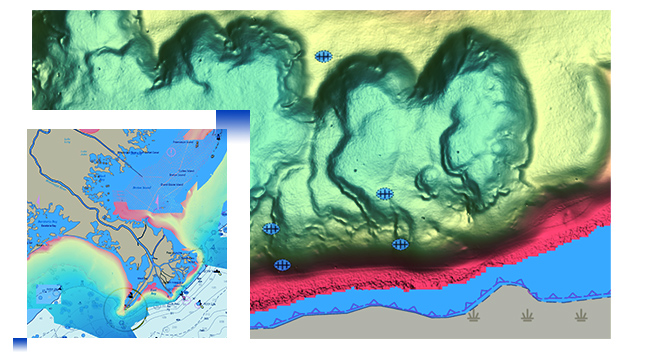 Bathymetrische Daten mit blauen Football-Symbolen, die Schiffbrüche darstellen, und eine elektronische Navigationskarte eines Meeres mit Daten