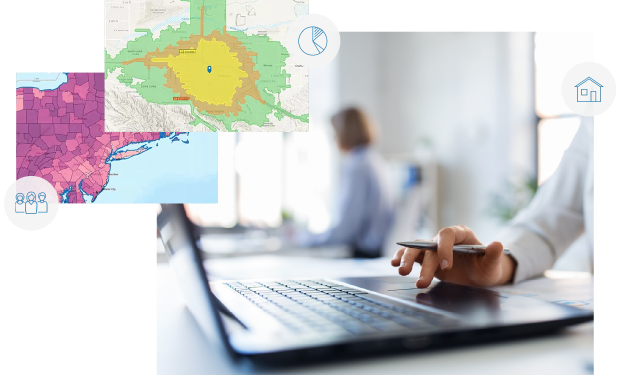 Hand using a laptop touchscreen with an organe and a green map to the left, a white and blue map to the right