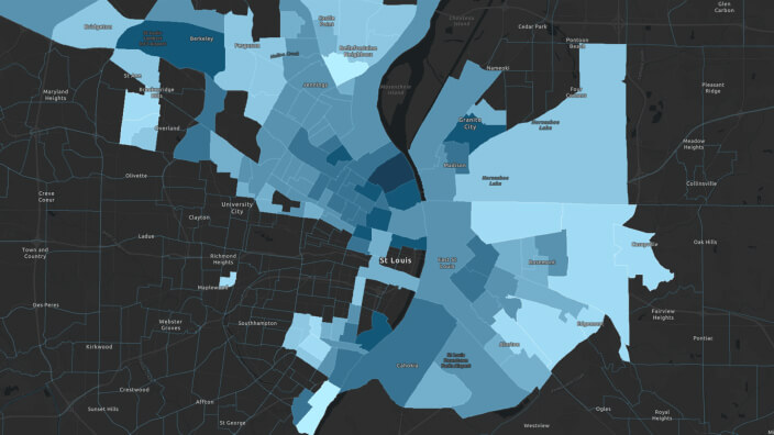 A black map with regions highlighted in light and dark blue that categorizes different areas with disadvantaged communities