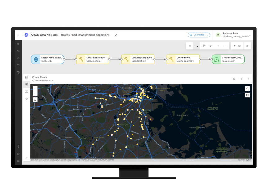 Computer monitor showing the ArcGIS Data Pipelines app with a map and connected boxes with text representing a data pipeline