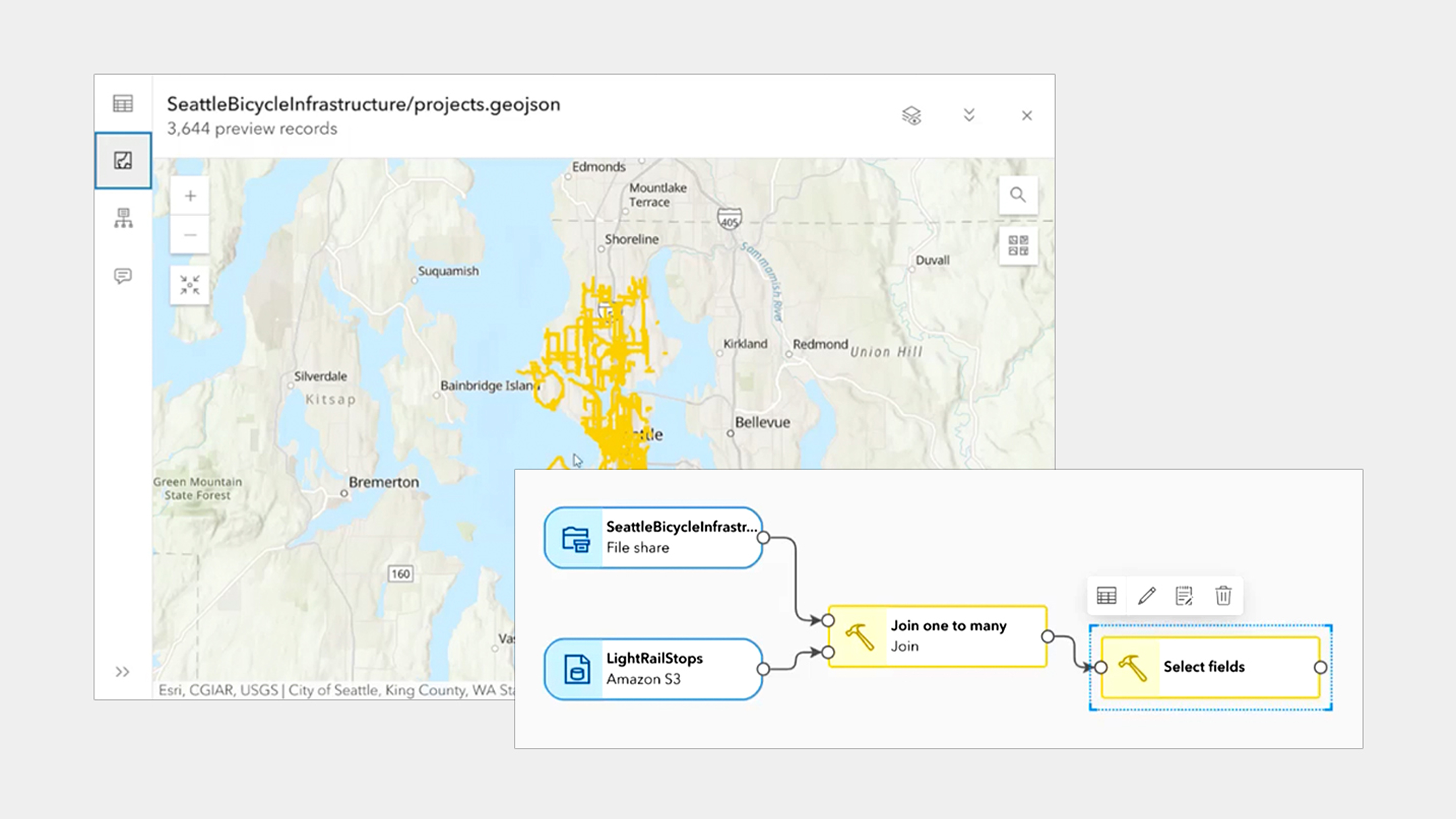 A data pipeline workflow overlaid on a map, showing connected tools used to prepare location data