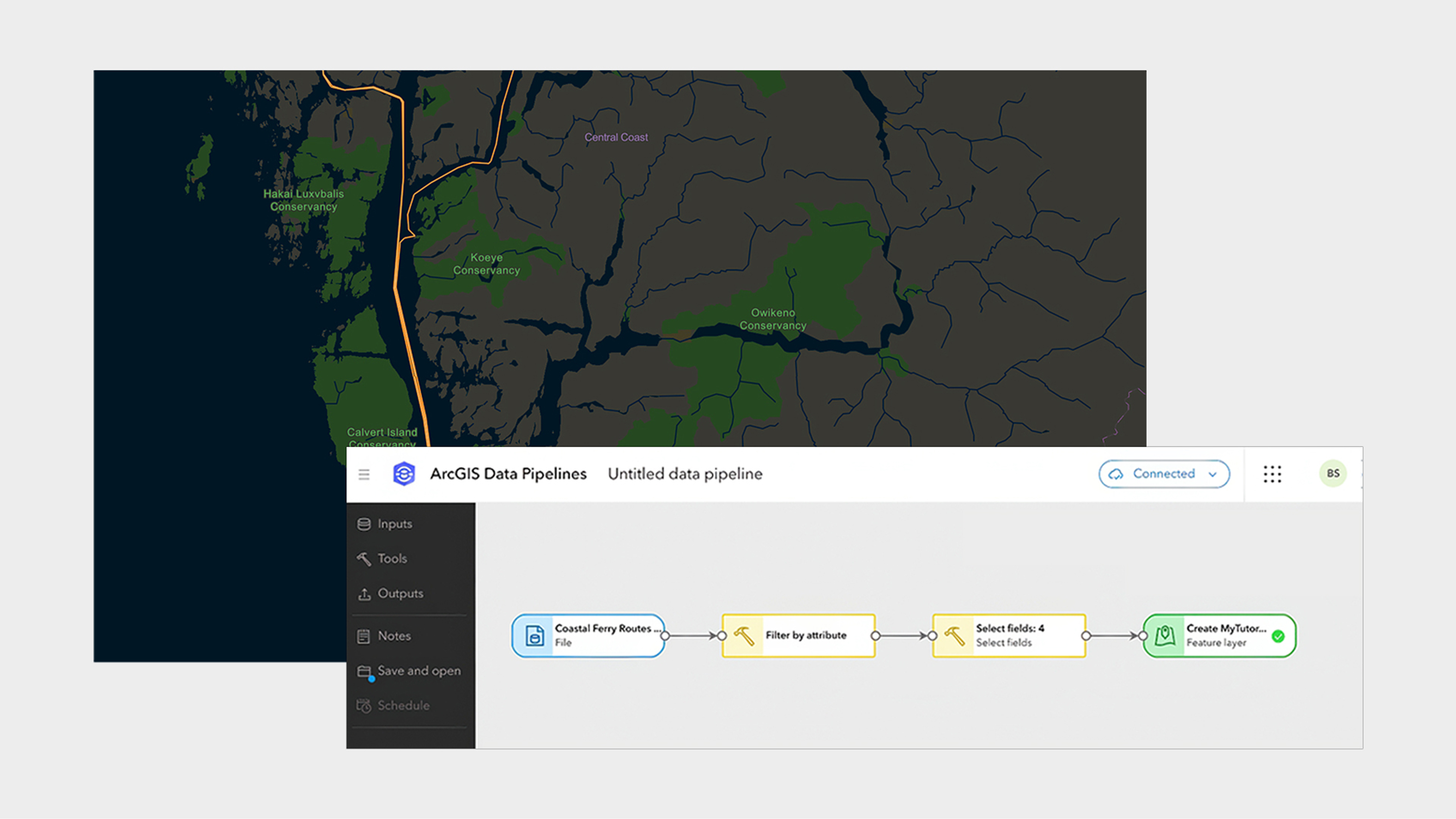 A data pipeline workflow connecting and preparing multiple data sources for use in a map