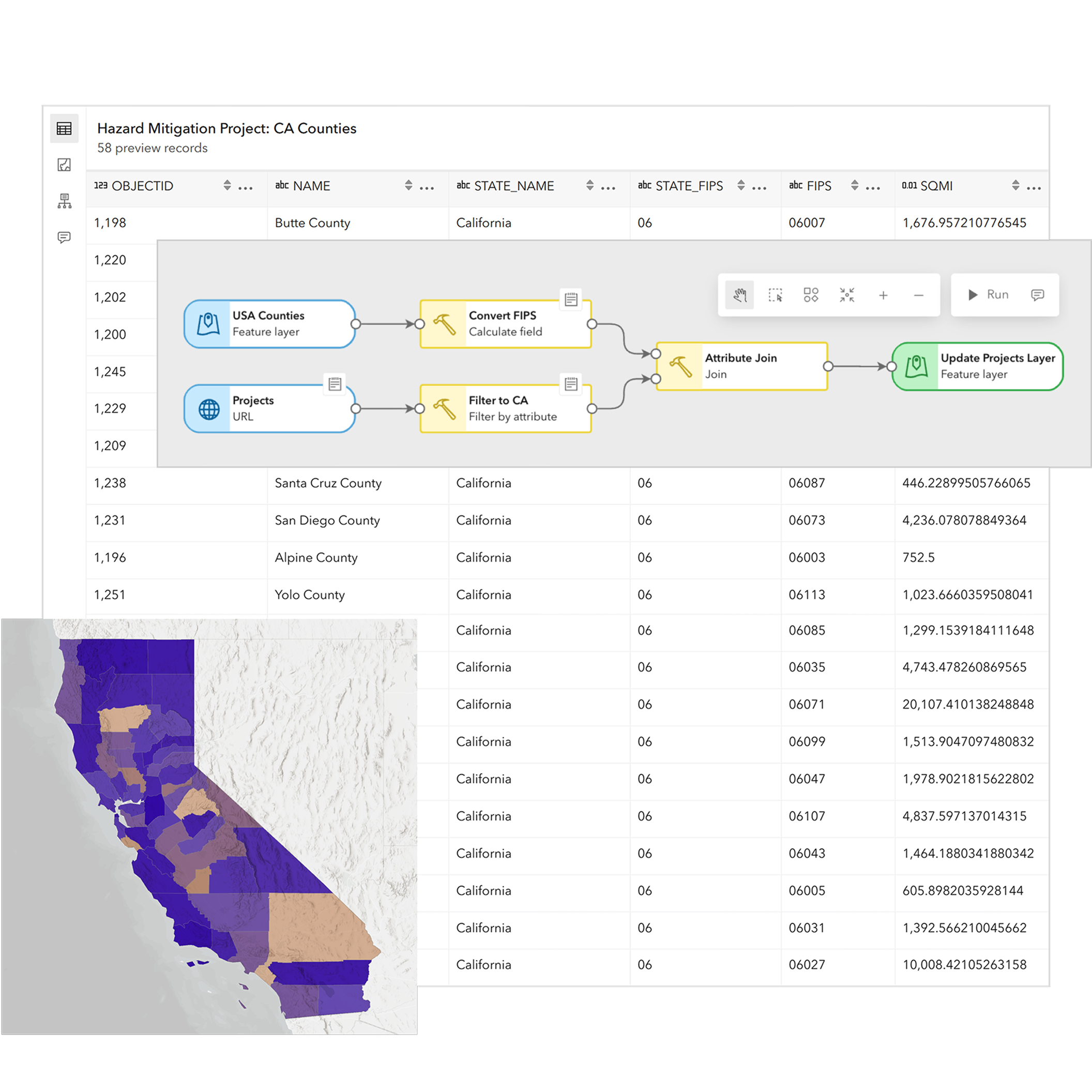 A database overlaid with a data pipline and a map of the counties in California