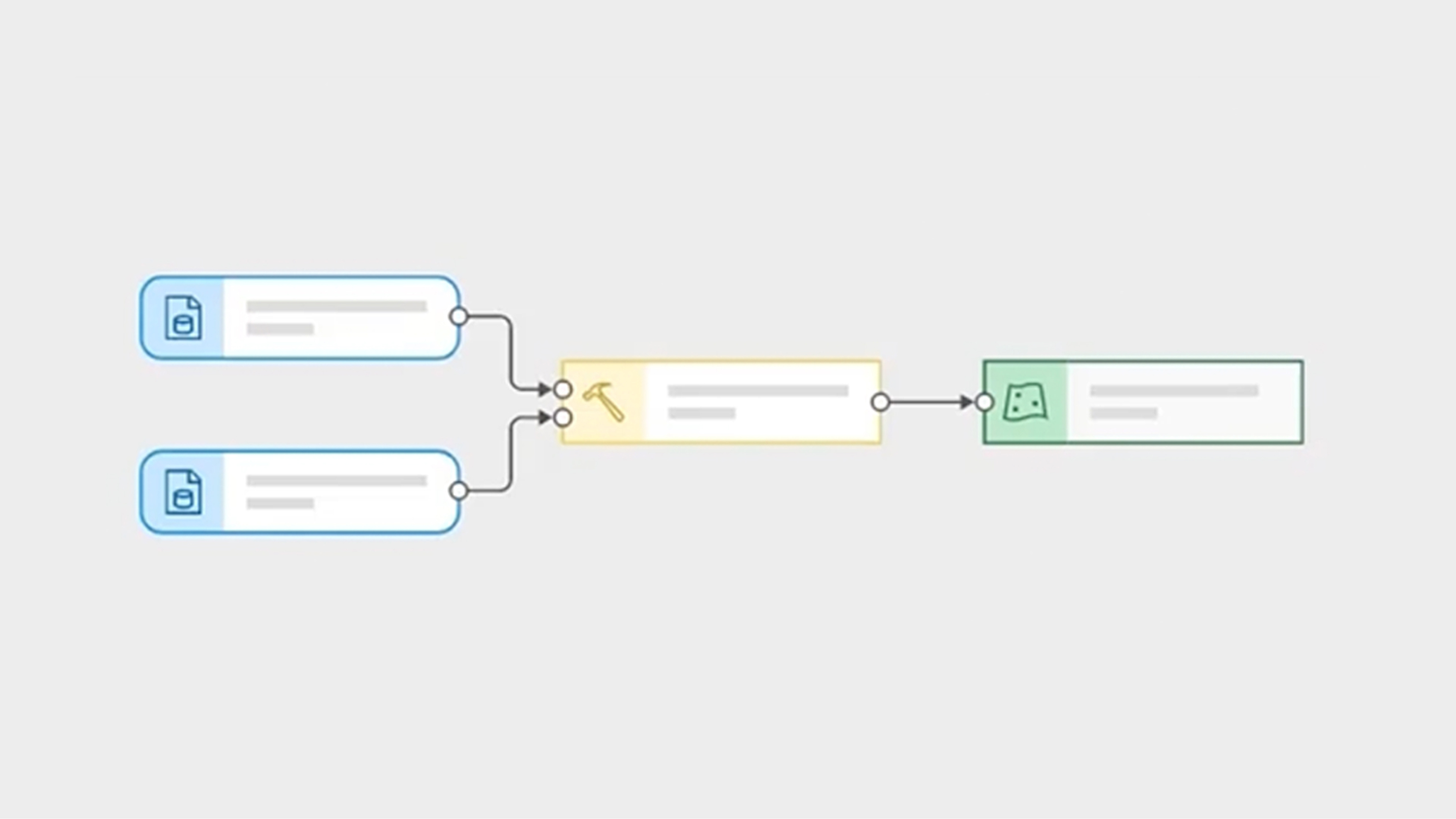 A simple workflow diagram showing connected data sources, processing steps, and output data
