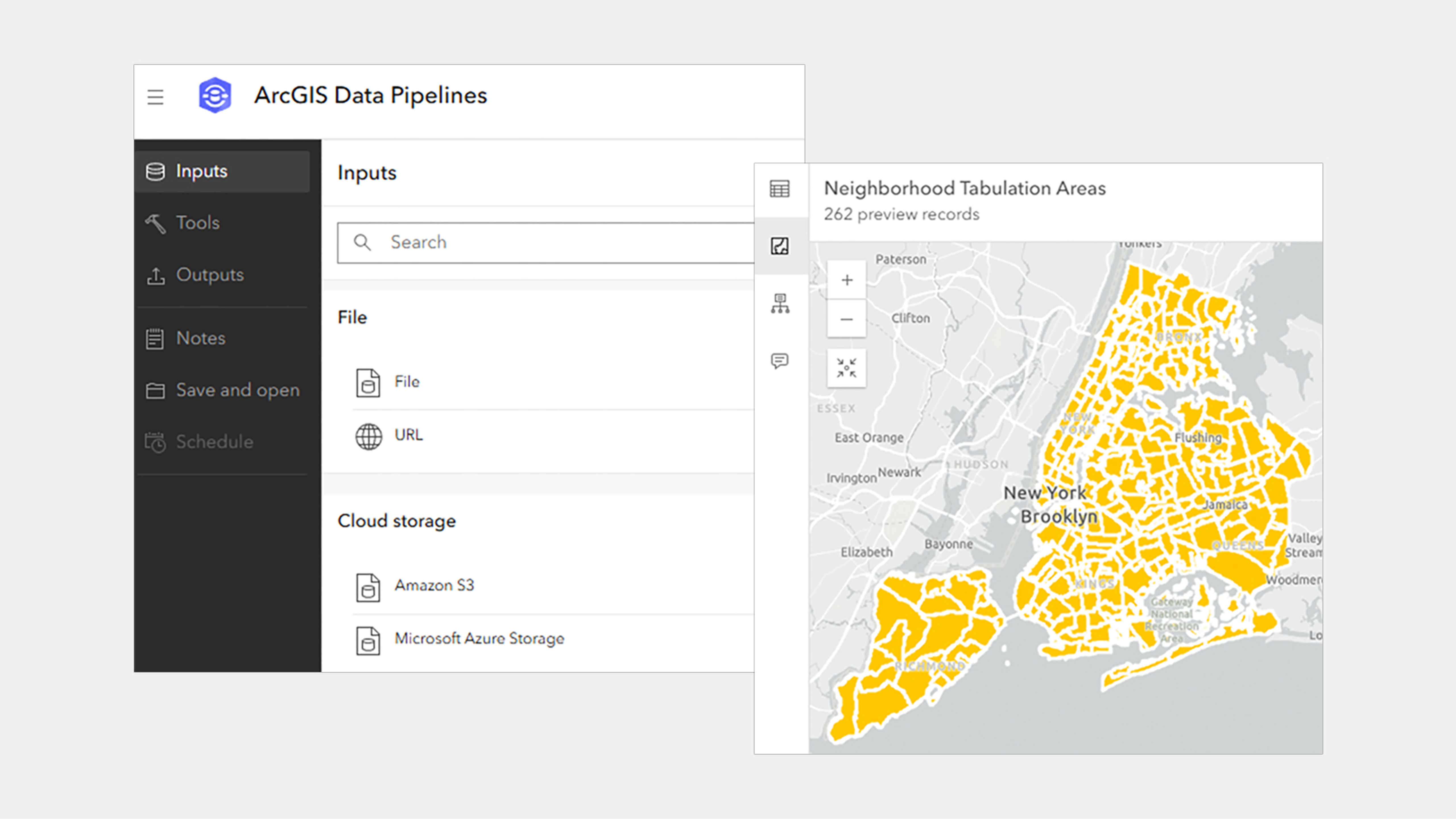 An interface in ArcGIS Data Pipelines showing data sources connected to parcel features on a map