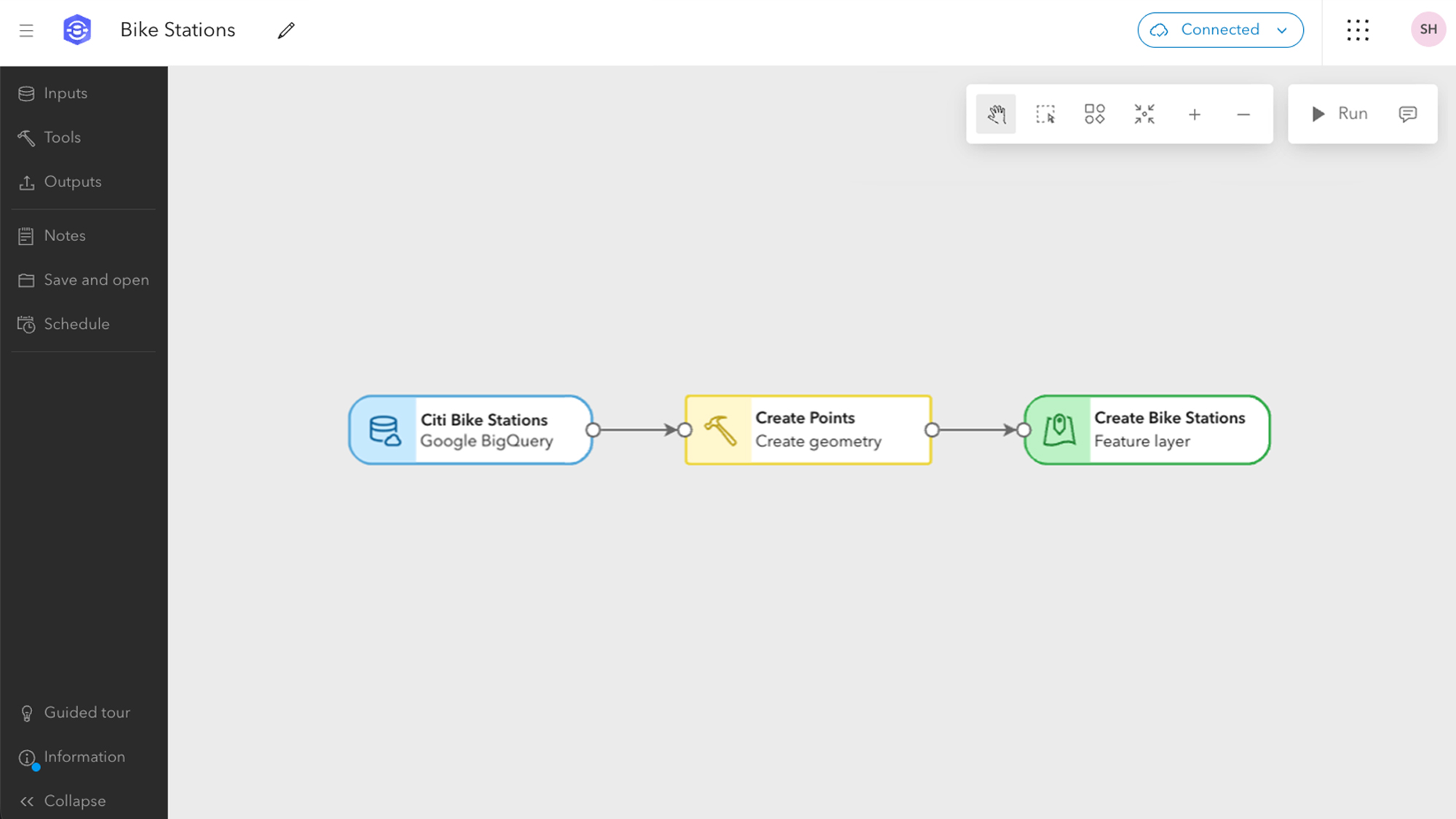 A workflow in ArcGIS Data Pipelines showing bike station data imported from Google BigQuery, converted to point geometry, and published as a feature layer