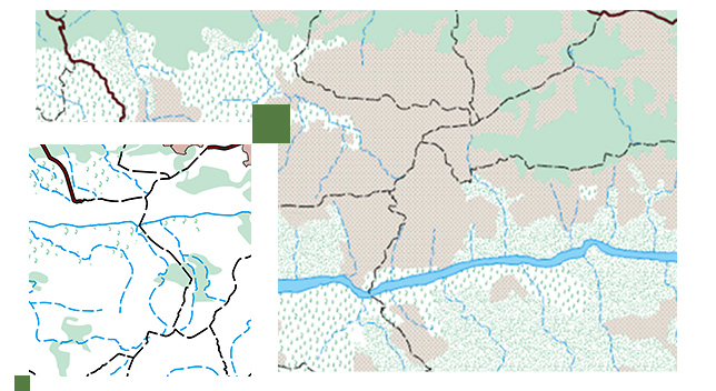 Map with regions marked with black lines and highlighted in green and beige with blue bodies of water