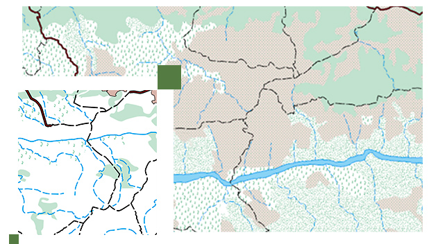 Mapa com regiões marcadas com linhas pretas e destacadas em verde e bege com corpos d'água azuis