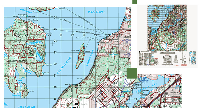 Mappa stradale di Puget Sound e delle aree circostanti, inclusi oceano, terra e strade