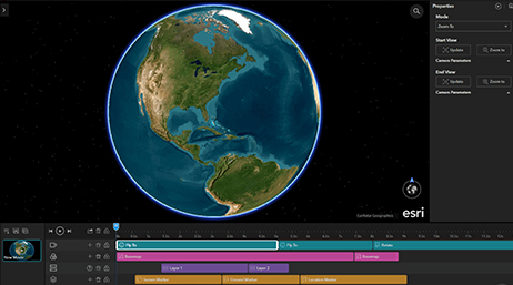 A map dashboard featuring a graphic of the planet Earth against a flat black background beside several menus of analysis options and graphs 