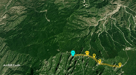 A 3D map displaying GPS tracks through a mountain range