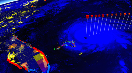 A 3D visualization in ArcGIS Earth showing a series of data pins used to track Hurricane Harvey as it heads towards the coast of Florida