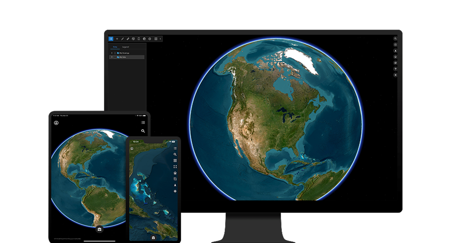 宇宙からの地球の画像を表示しているデスクトップ、タブレット、モバイル デバイス。ArcGIS Earth ユーザー インターフェイスを表現している 