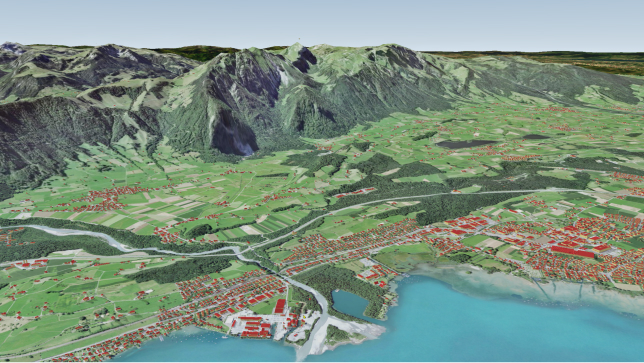 A virtual 3D landscape featuring a mountain, green land, and coastline with buildings represented as red polygons