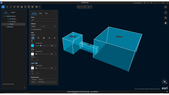 ArcGIS Earth で KML ファイルとして作成されている建物を表す青色の 3D シェープ