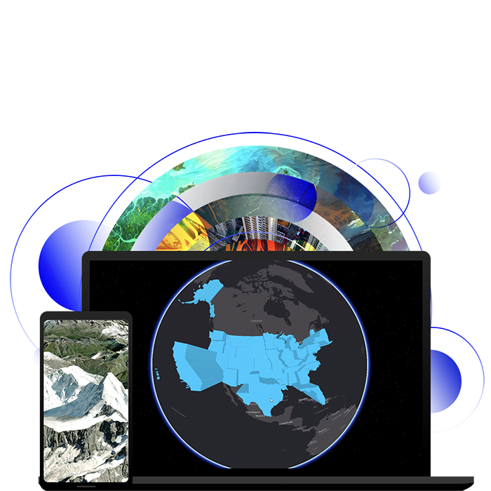 北米のデジタル マップを表示するノート PC と、山岳地形の航空画像を表示するスマートフォン 