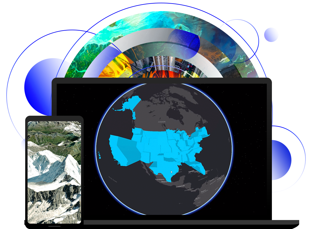 北米のデジタル マップを表示するノート PC と、山岳地形の航空画像を表示するスマートフォン 