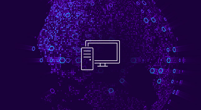 Image abstraite composée de carrés et de cercles violets avec une icône représentant une machine serveur et un écran d’ordinateur 