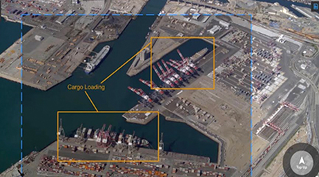 Satellite imagery showing a cargo loading port with a yellow rectangles marking parts of the image