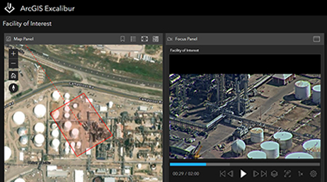 An ArcGIS Excalibur program window pane displaying a satellite view map and a video player