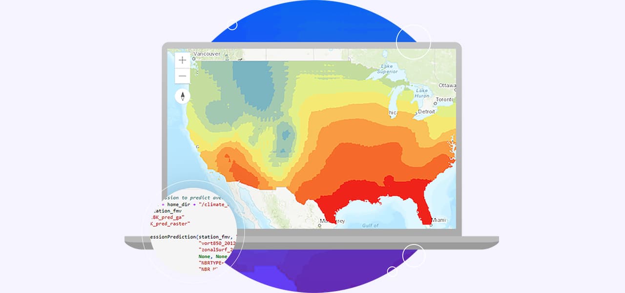 A laptop monitor displaying a map of the United States in orange, red, and yellow representing a climate model  