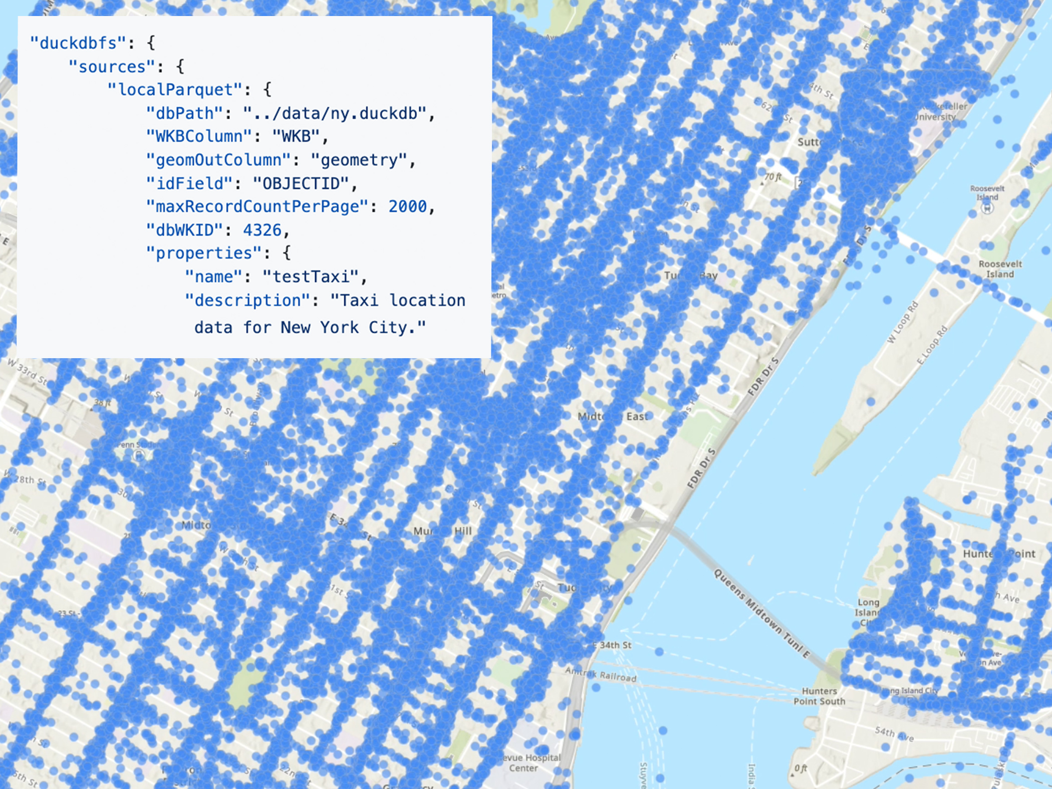 A map of point data showing taxis in NYC shows the ability to work with custom data feeds