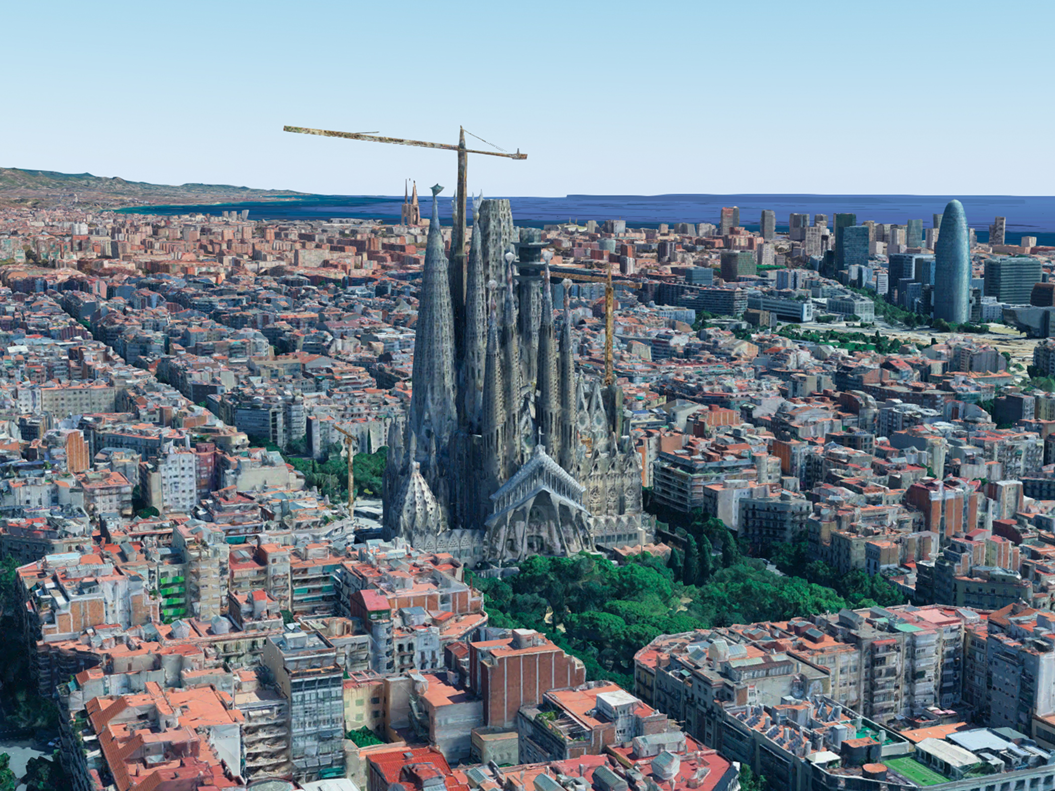 A 3D map of Barcelona showing the city surrounding the Sagrada Familia church