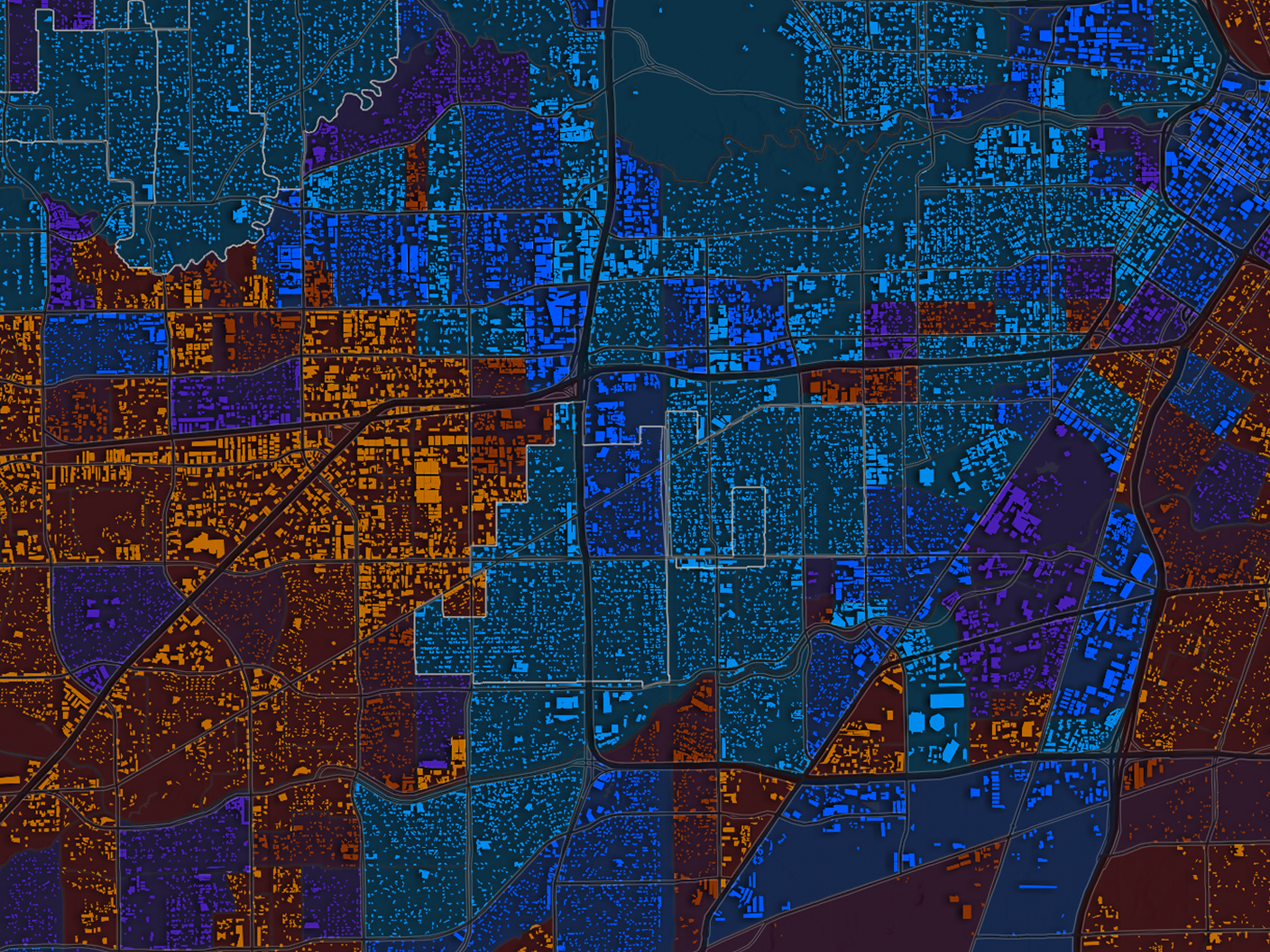 A map with areas highlighted in different colors, such as orange, blue, and purple